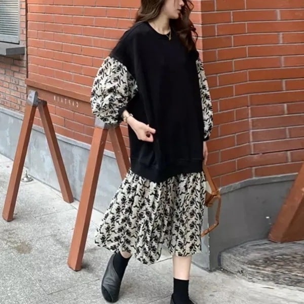 【超目玉アイテム】 秋服 プリント ハイウエスト ロング Aライン 花柄ワンピース
