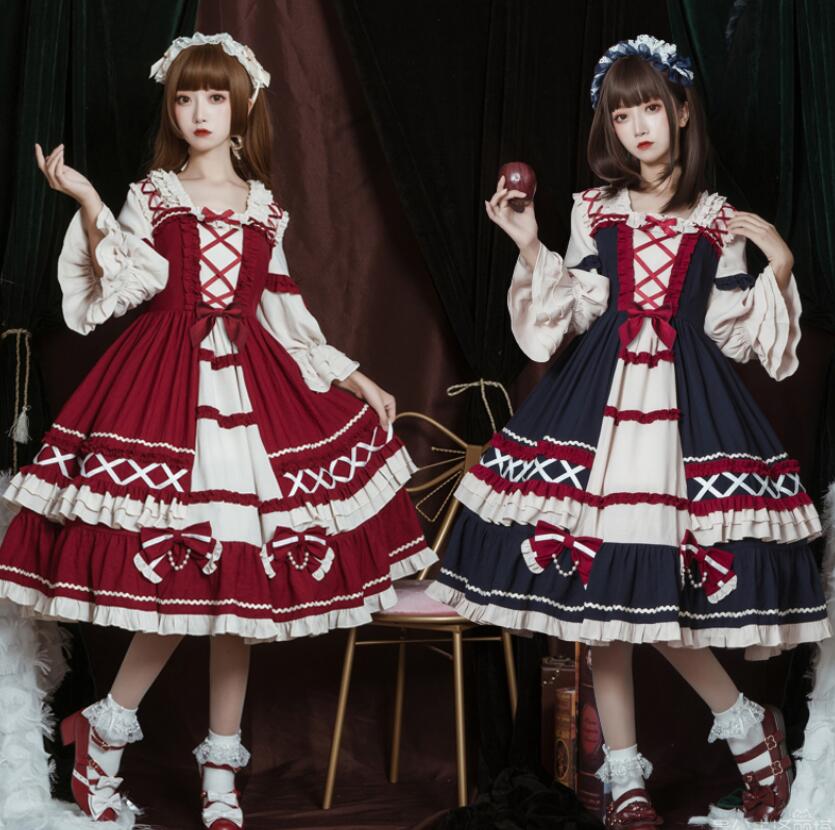 ロリータ服 長袖 ワンピース ゴスロリ＆ロリータドレス 膝丈 ミモレ丈 可愛い お姫様 ドレス フリル ラッフル リボン Lolita Dress レディース 萌え萌え 甘ロリ キュート 学園祭 イベ