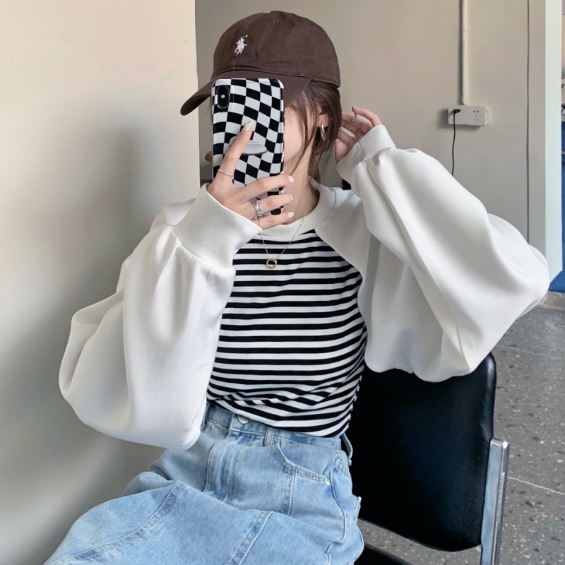 トップス トレーナー ショート丈 袖あり 長袖 萌袖 ラウンドネック ストレート アシンメトリー ツーピース風 かわいい カジュアル おしゃれ かっこいい 大人女子 ラフ ボーイッシュ スポーティー