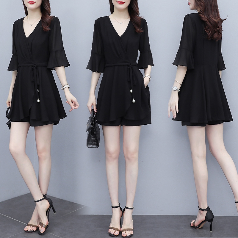 トップス ボトムス パンツ ブラウス ショートパンツ 袖あり 5分袖 五分袖 萌袖 袖コンシャス Vネック シフォン ウエストマーク ウエストリボン 透け感 ポリエステル 上下セット 2点セット