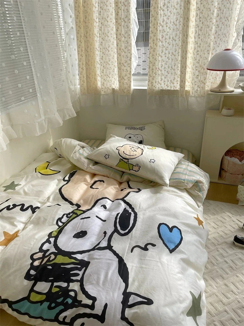 かわいいスヌーピー40番手コットンシーツと掛け布団カバーの寝具4点セット