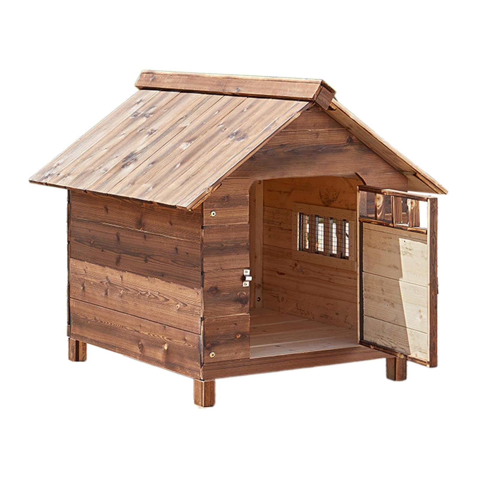 犬小屋 ドアと窓 犬ケージ付き ペットハウス 犬 ドッグハウス 夏用 屋外 屋内用 犬小屋 猫小屋 木製 防風 防雨 換気 組立簡単 S