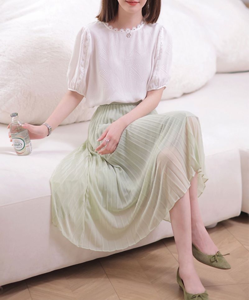 トップス スカート セットアップ シャツ ブラウス フレアスカート ミモレ丈 ロング 5分袖 Uネック Aライン 上下セット きれいめ 大人 エレガント 無地 春 夏 秋 レディース オフィス