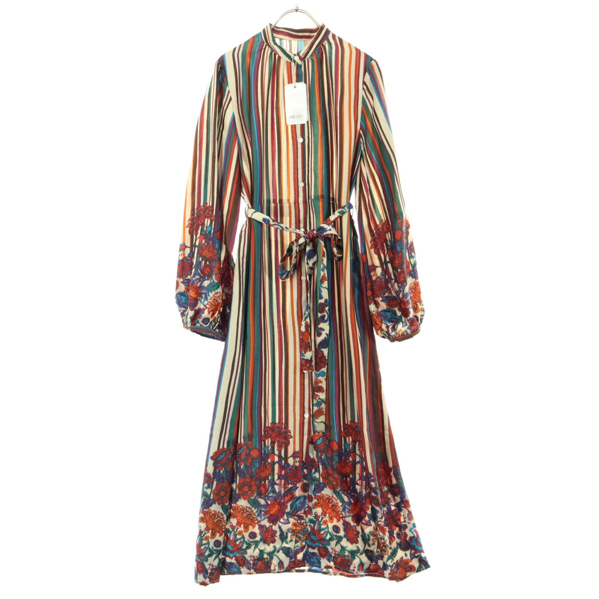 未使用 ストライプ柄　花柄 長袖 ガウン F ベージュ系 レディース 古着