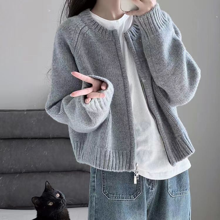 ベーシックニットニットカーディガン ショート丈セーターコート婦人服新型ゆったり厚手ジッパーカーディガン長袖ニットトップス マウンテンパーカー