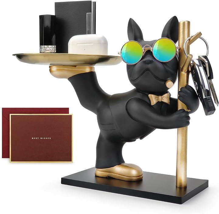 皿を蹴り犬さん 玄関収納 キー収納 鍵置き アクセサリースタンド ブルドッグ ホワイトデー置物 面白い犬オーナメント 卓上( ブラック)