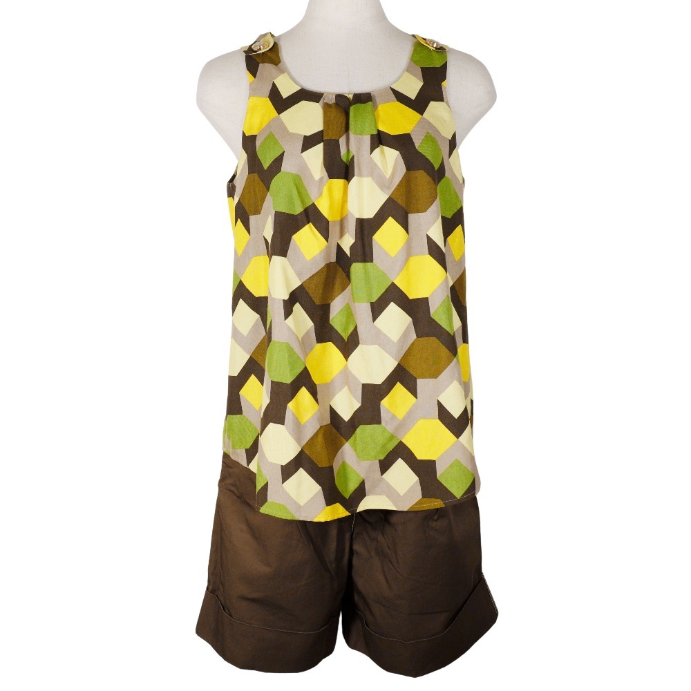 ノースリーブ＆ハーフパンツ セットアップ シルク コットン 茶 レディース 中古品