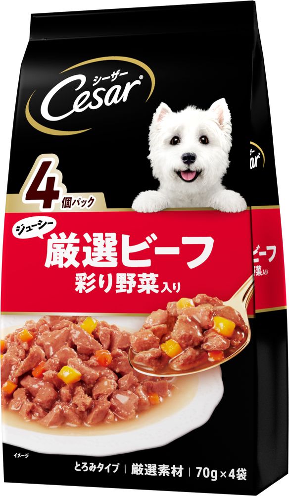 （まとめ買い）マース シーザー ジューシー厳選ビーフ入り 彩り野菜入り 70gx4袋 犬用フード [x12]