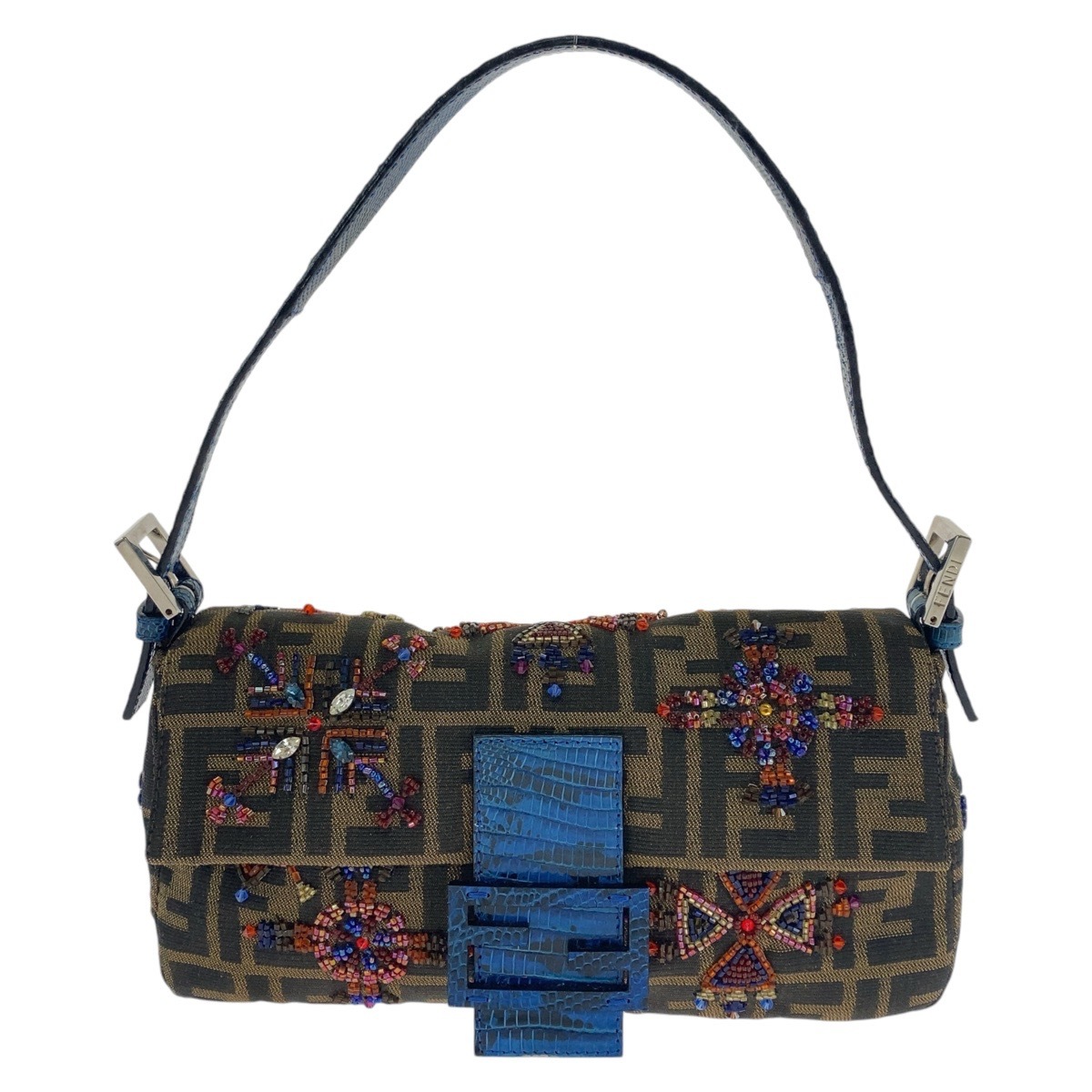美品 ズッカ マンマバケット ビーズ刺繍 ブラウン ブルー シルバー金具 キャンバス/リザード ショルダーバッグ レディース 410975