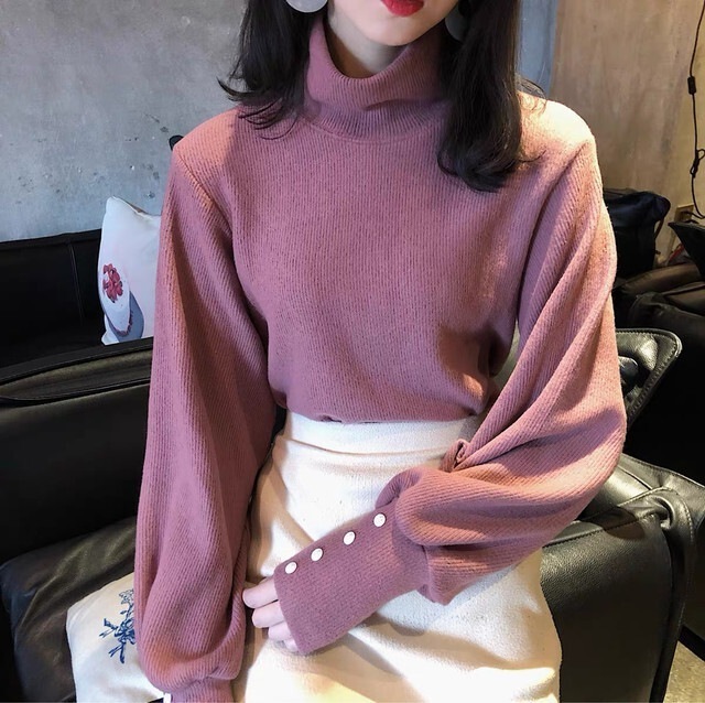 ２色 トップス ニット セーター レディース 秋冬 かわいい ゆったり 厚手 長袖 長袖 ボリューム袖 萌袖 ハイネック タートルネック ストレート ブラック ピンク S M ジャスト かわいい 大人