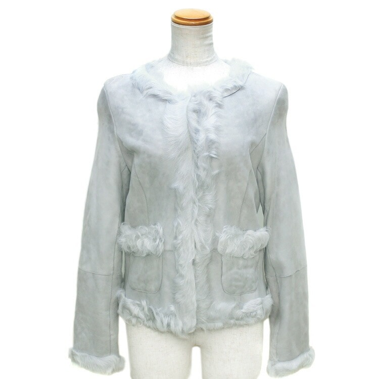 本革 チキャン ラム ファー Wフェイス ノーカラー ジャケット グレー Mサイズ 送料無料 レディース ギフト プレゼント