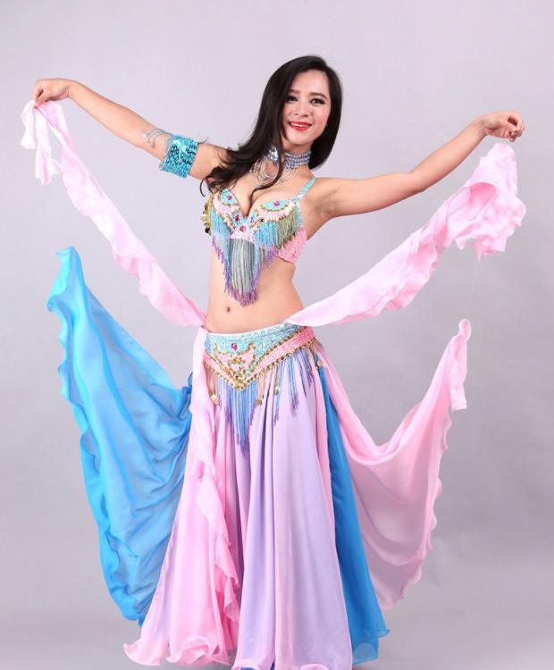 4色 上下セット＋ 腰巻き ３点セット ベリーダンス衣装 フリンジ スパンコール クラーデション コスチューム 社交ダンス ダンス服 ストレッチ レディース