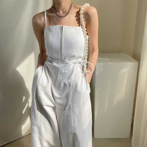 ジャンプスーツ ボトムス パンツ チューブトップ オールインワン サロペット デニムパンツ ワイドレッグ 袖なし ノースリーブ スクエアネック ハイウエスト デニム ブルーデニム カラーデニム