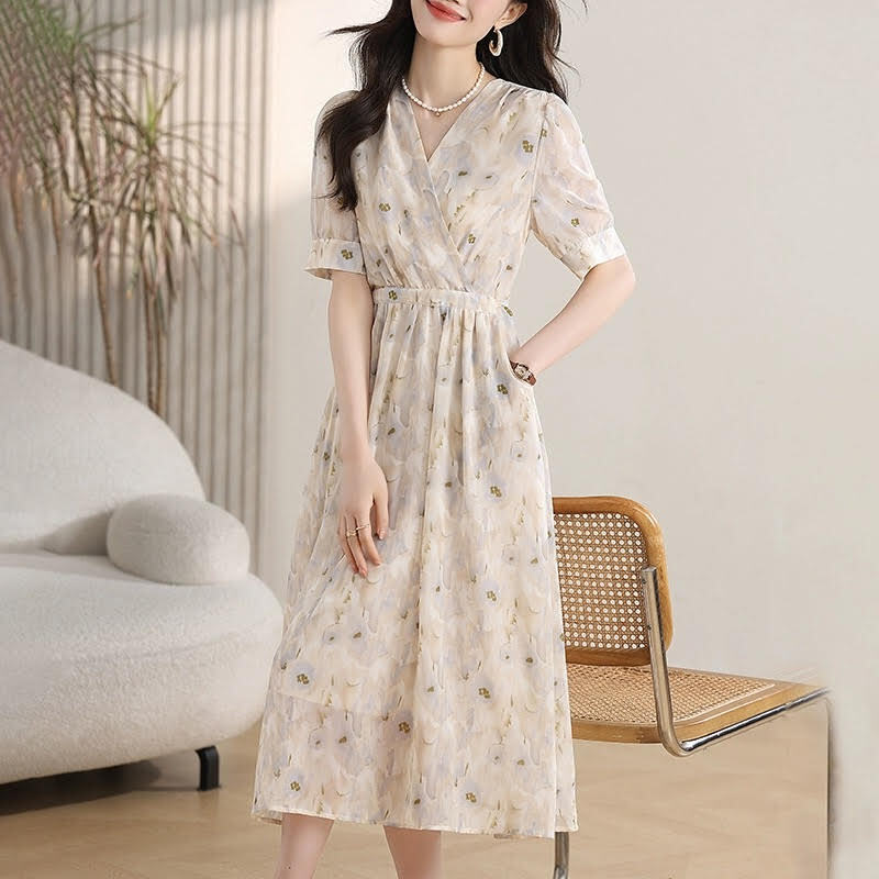 レディース ワンピース ミモレ 半袖 Vネック スリム 細身 Aライン フェミニン ウエストマーク ポケット ハイウエスト 透け感 シースルー かわいい 大人可愛い きれいめ シンプル カジュアル