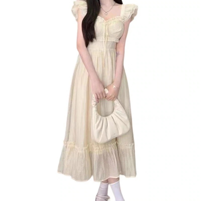 女性のための白い小さなフライングスリーブドレス2024夏ウエスト痩身と気質初恋ロングスカート
