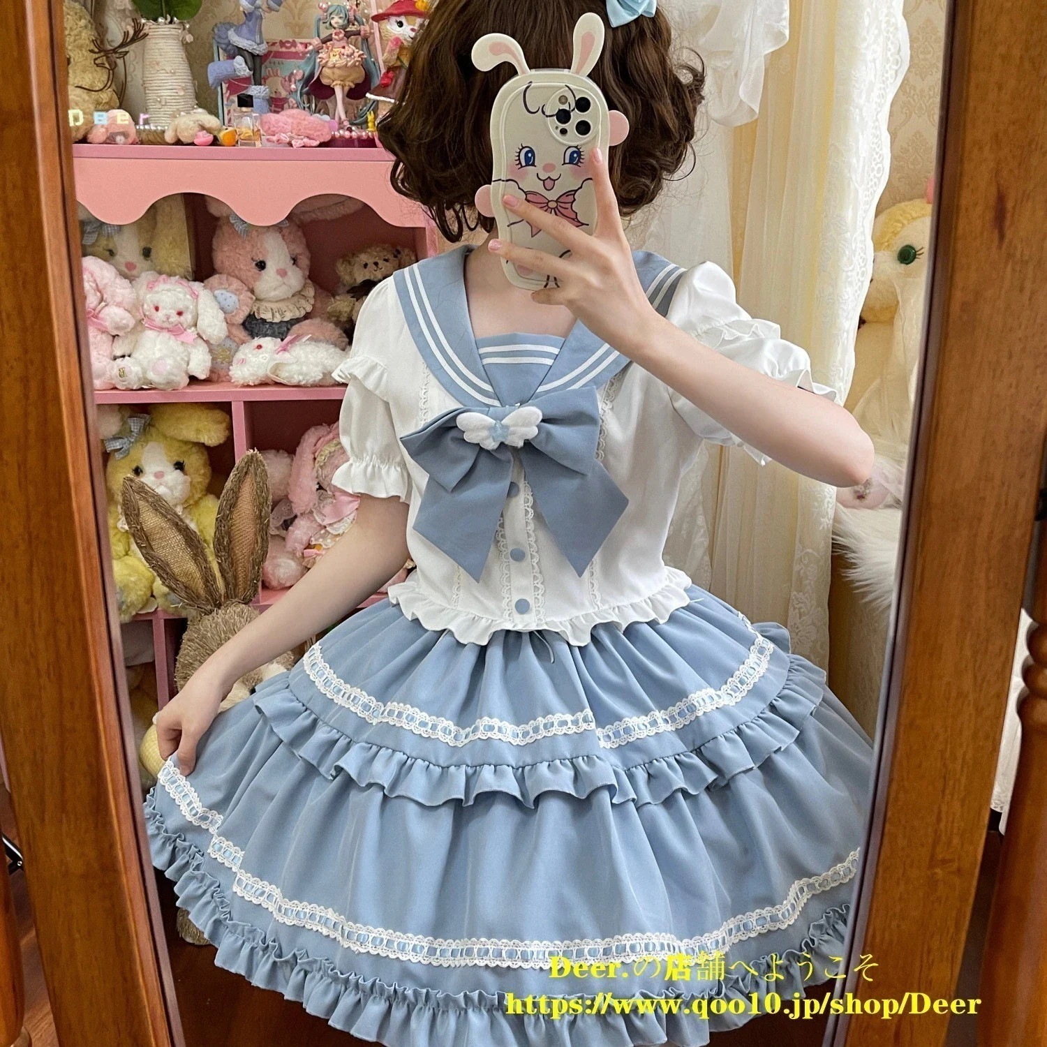 2025年新作店長おすすめ！リトルマリンオリジナルデザインロリータ洋装ネイビーネック半袖OPワンピース脚魅せミニスカート 韓国ファッション