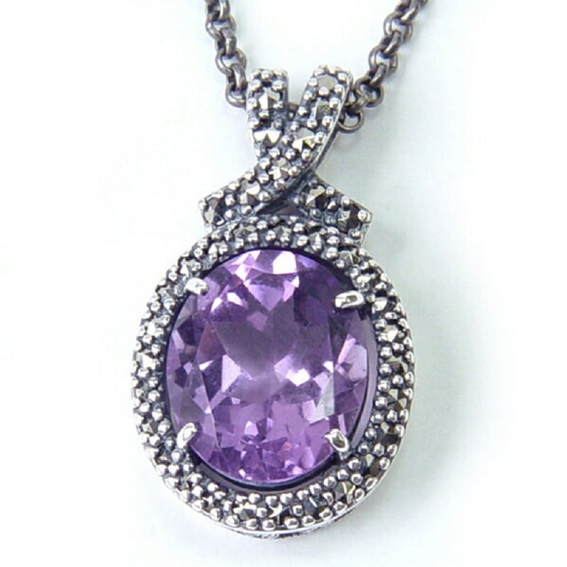 SVアメジストオーバル マーカサイトアンティークネックレスペンダント 14212【2月誕生石アメジスト】
