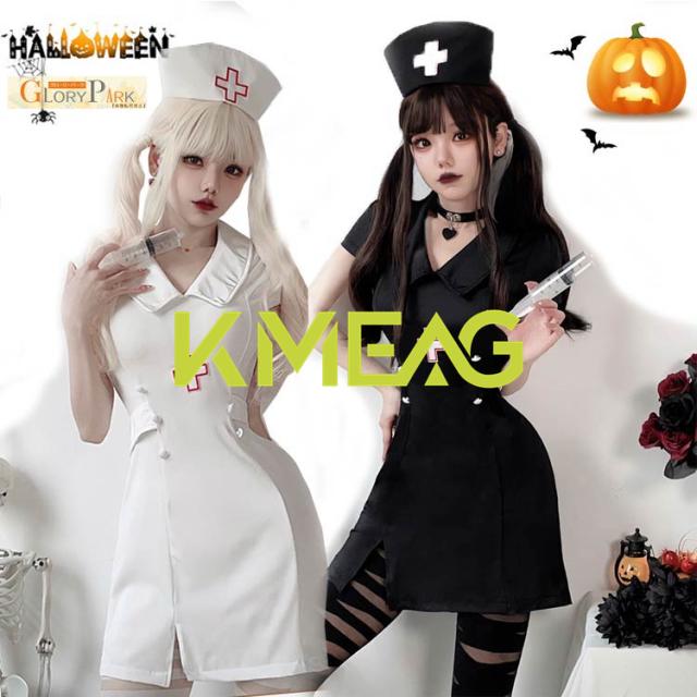 ハロウィン 看護婦 黒 白 帽子+ワンピース+首飾りコスプレ M L ナース服 白衣 女医 看護婦 医者 ゾンビ 血 ドクター 制服 ナースキャップ ミニスカート セクシー コスチューム ハロウィン