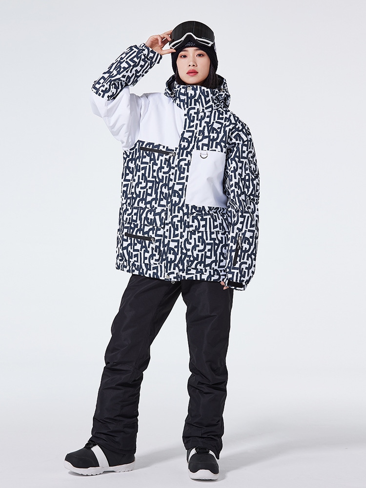 スノーボードウェア 2024 2025 黒 白 アルファベット 上下セット レディース メンズ スキーウェア スノボウェア ジャケット アウター ロングパンツ 防水 防寒