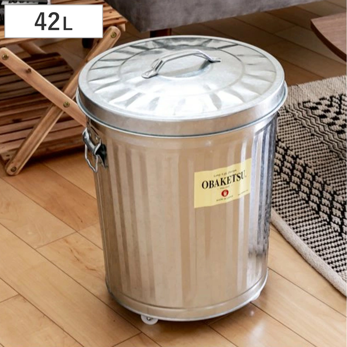 ゴミ箱 42L キャスター付き オバケツ OBAKETSU 屋外兼用 シルバー ごみ箱 トタン 外用 ふた付き 42 リットル ダストボックス 円柱 バケツ型 収納 収納ケース 収納ボックス