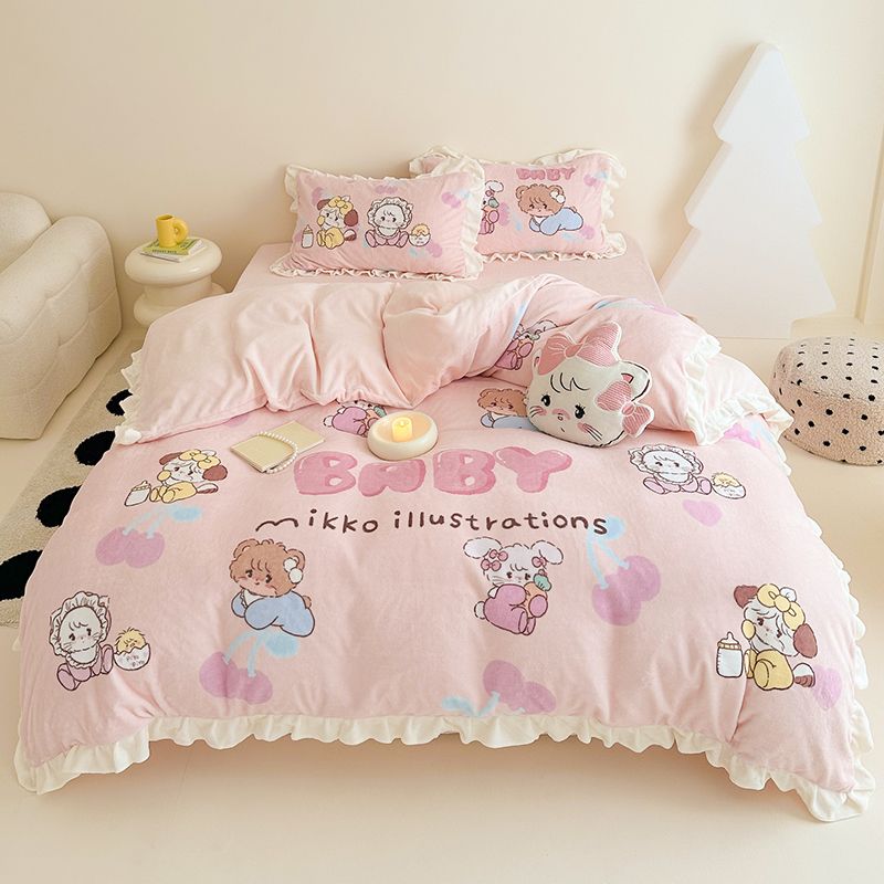 Mikkoミルクベルベット三四点セットかわいいレース布団セット寮ベッドシングルプリンセス風ベッド用品