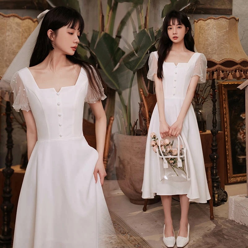 ウェディングドレス 二次会 可愛い Aラインドレス 結婚式 パール付き 袖あり 花嫁 ミディアムドレス ひざ下 ワンピース シンプル おしゃれ パーティードレス 前撮り wedding dress ブ