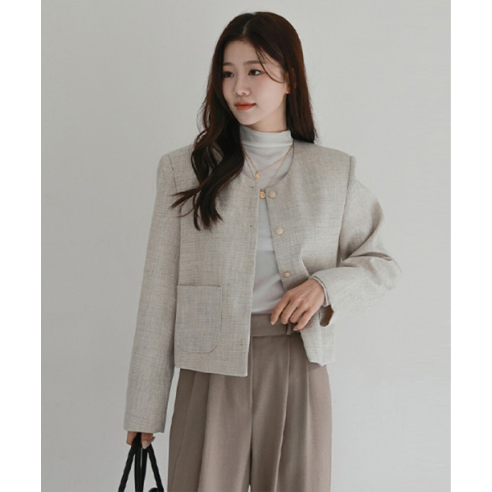FRENCHCHIC ケルビ ノーカラー ラウンド ツイードジャケット