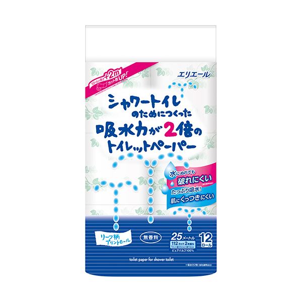 大王製紙 エリエール シャワートイレのためにつくった吸水力が2倍のトイレットペーパー ダブル 芯あり 25m 無香料 1セット（72ロール：12ロール6パック）