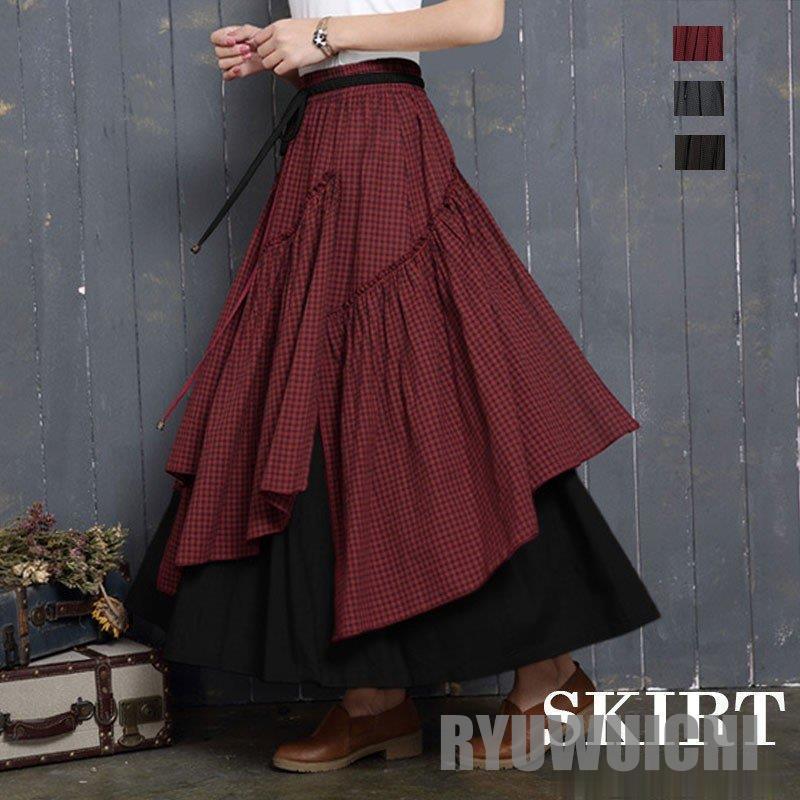 [プレミア新品]スカート/ロング丈/レディース/チェック/春秋/不規則/ボトムス/マキシスカート/ロングスカート/コットン/フレア/ウエストゴム/デザイン/オシャレ/40代/30代 5,156円