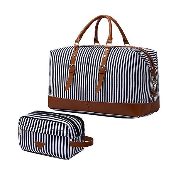 IBLUE Oversized Canvas Genuine Leather Trim Travel Tote Duffel Shoulder Weekend Bag Weekender Overni