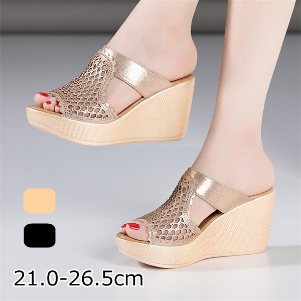 ウェッジソール 厚底サンダル ミュール 小さいサイズ 厚底 サンダル ストーム ヒール8cm 大きいサイズ ブラック ゴールド ファッション