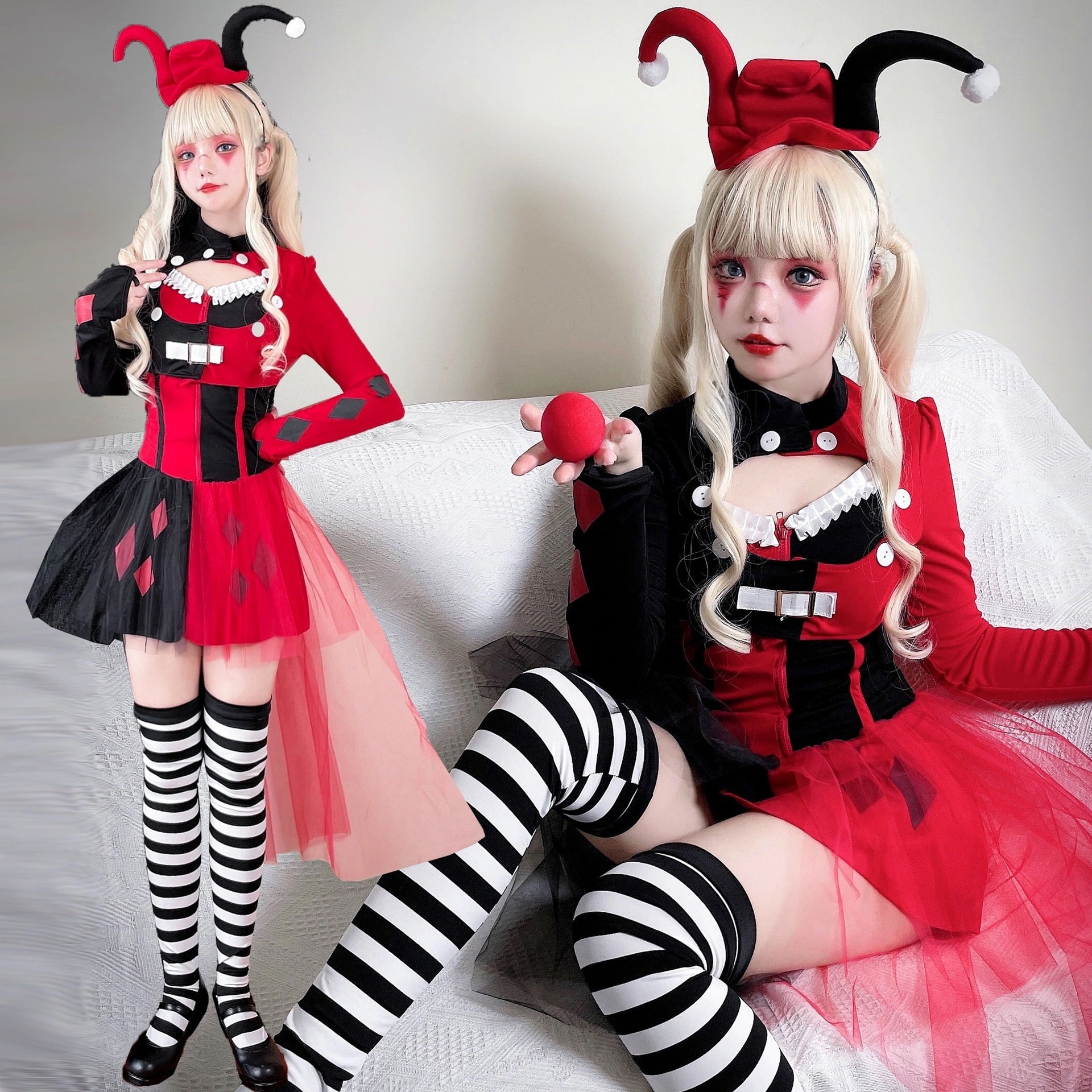 ロリータ ピエロ コスプレ衣装 ピエロスーツ サーカスコススーツ パフォーマンス ハロウィン 万聖節 韓国ファッション コスプレ 大人用