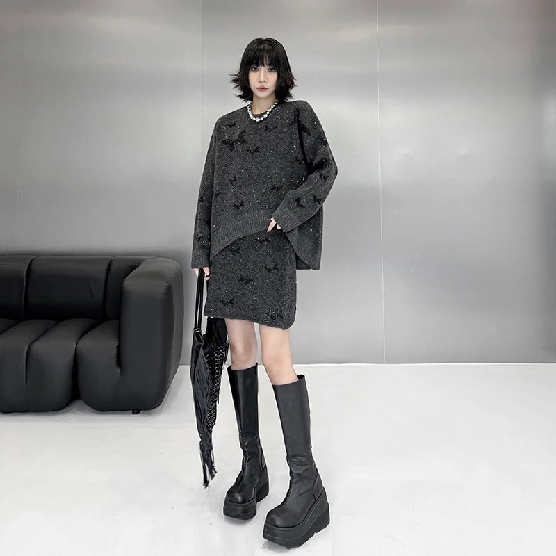 2025春 ニットセット 上下セット ニット＋スカート 蝶柄 おしゃれ レディース セットアップ 関連商品購入可能