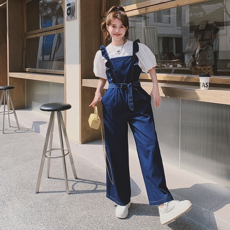 オーバーオール デニムオーバーオール フリル ポケット ブルーデニム 韓国 レディース オルチャン パンツ オールインワン サロペット 袖なし ノースリーブ タイト 細身 ストレート デニム