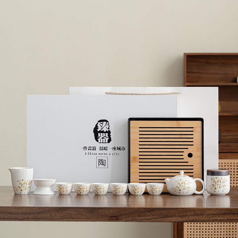 羊脂玉カンフー茶器金糸一壺六杯セットギフトセットお土産白磁セット