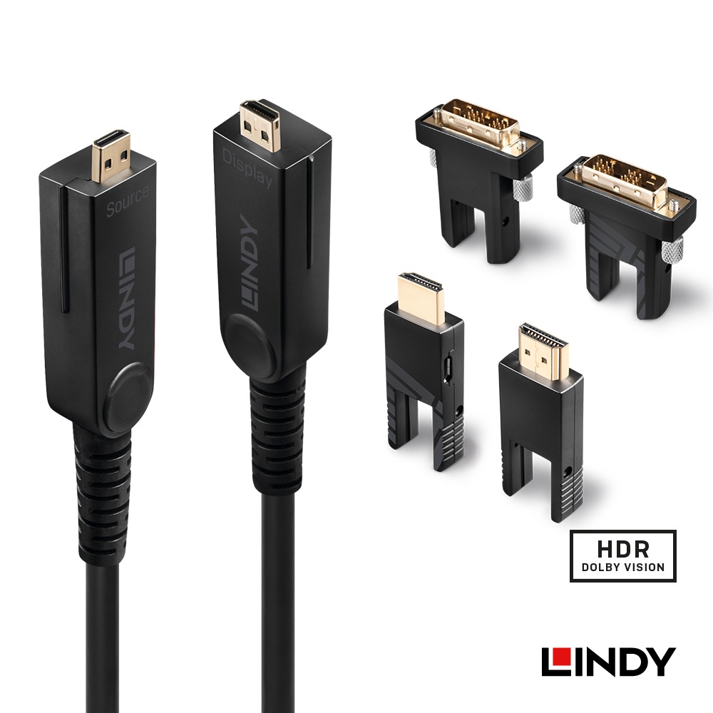 【38320】 LINDY 10m HDMI 2.0 18G 4K@60Hz 光ファイバハイブリッドケーブル HDMI to DVI変換コネクタ付