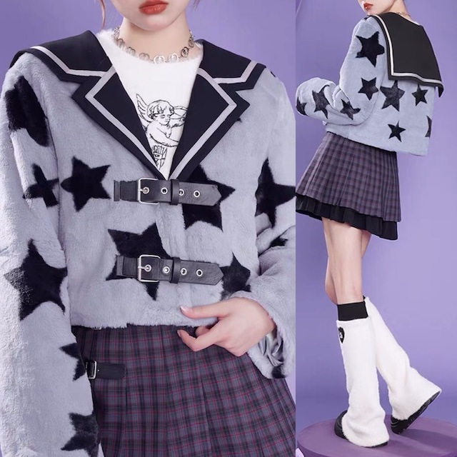 【3日で出荷】ジャケット　グレー　水色　星　アウター　カーディガン　セーター　セーラー