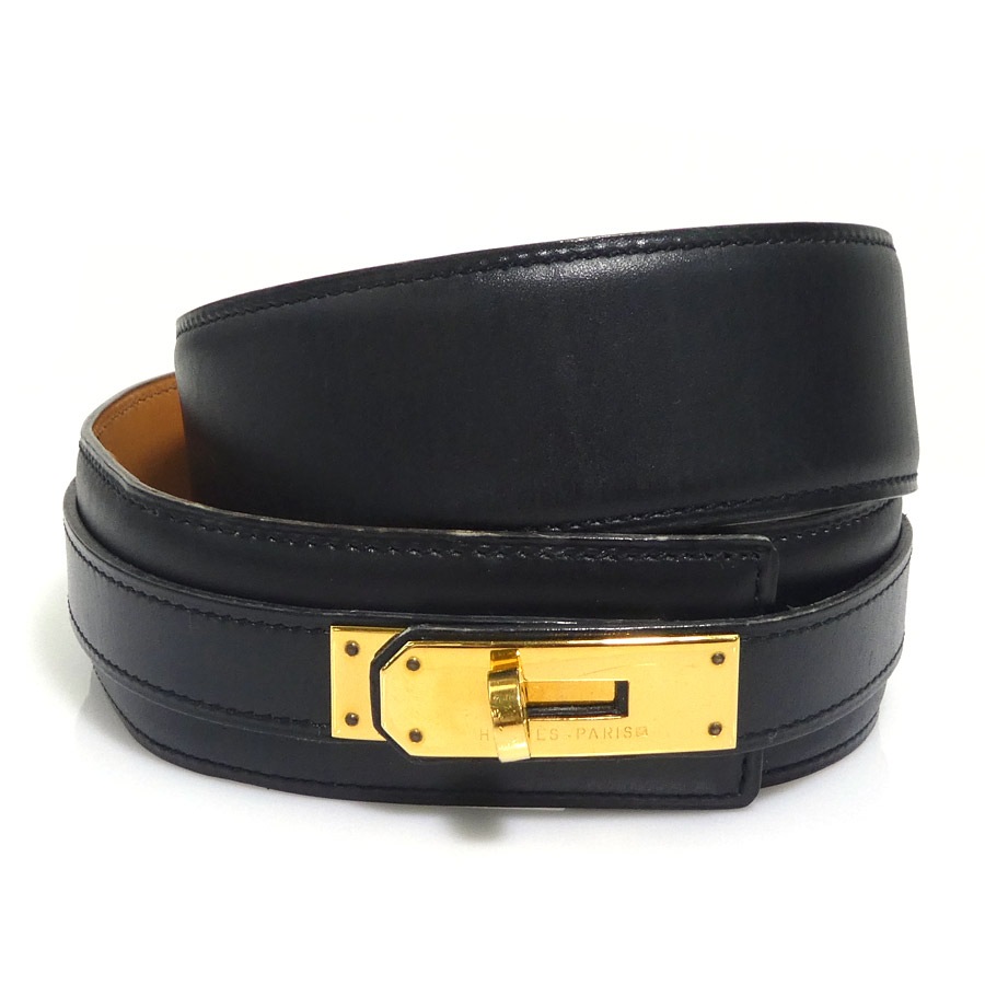 エルメス HERMES ベルト ケリーベルト ボックスカーフ ブラック ゴールド レディース h32133a