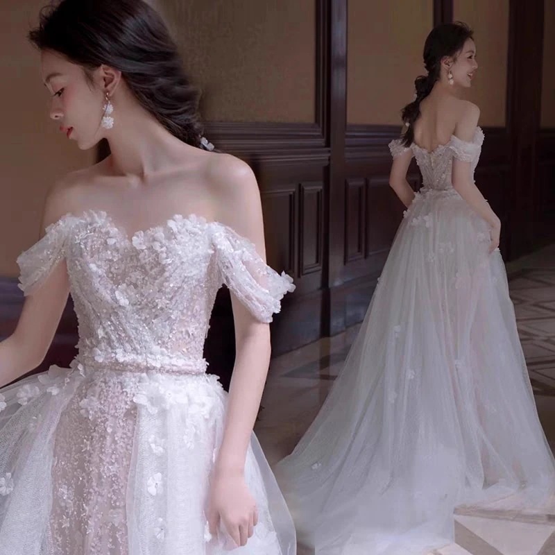 大ウェディングドレス白レディースパーティードレス二次会花嫁オフショルダードレス結婚式演奏会お呼ばれドレス大きいサイズ今日は30パーセント