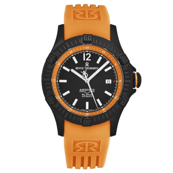 カジュアル腕時計 Revue Thommen Mens Air speed Black Dial Orange Rubber Strap Automatic 16070.4679