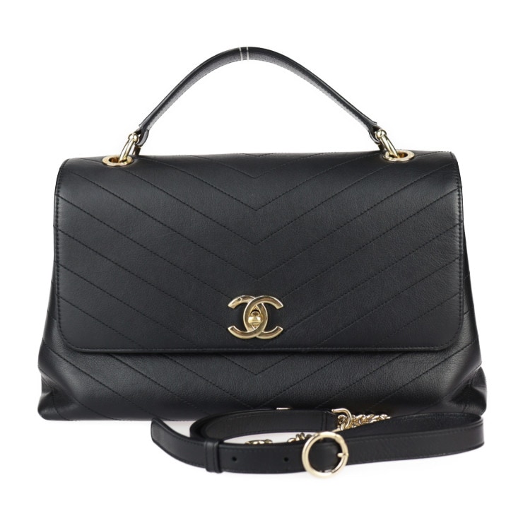 美品 CHANEL シャネル ハンドバッグ - トップハンドル 2WAYバッグ シェブロン カーフレザー ブラック ゴールド金具 Vステッチ ココマーク チェーン ショルダーバッグ ターンロック 本物