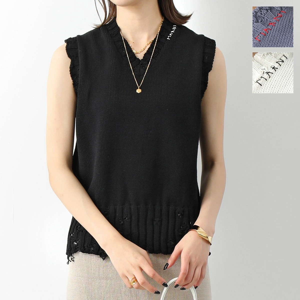 MARNI マルニ ベスト CVMG0091A0 UFC652 レディース ノースリーブ コットンニット ジレ ダメージ加工 Vネック ロゴ刺繍 カラー3色