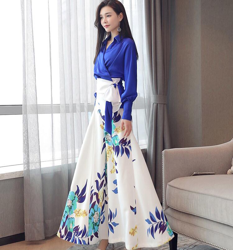 レディース セットアップ カシュクール シャツ 長袖 無地 ワイドパンツ ロングパンツ 花柄 カジュアル 大人可愛い エレガント フェミニン オフィス お出かけ デート デイリー ブルー×ホワイト ホ
