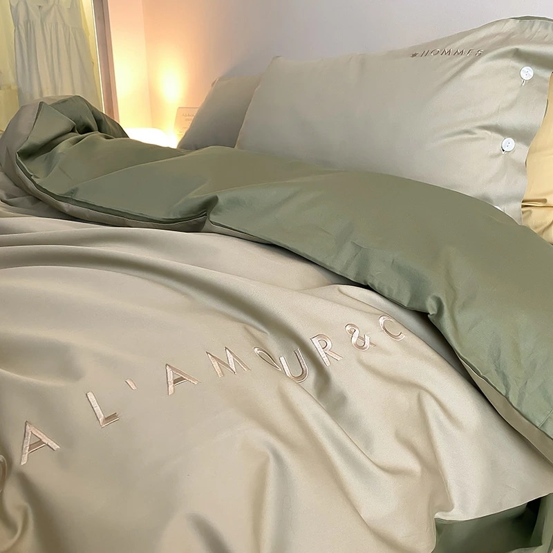 寝具セット 四点セット 100S 綿サテン 長綿 全綿 刺繍入り シンプル 高級感 掛け布団カバー ベッドシーツ ベッドスカート