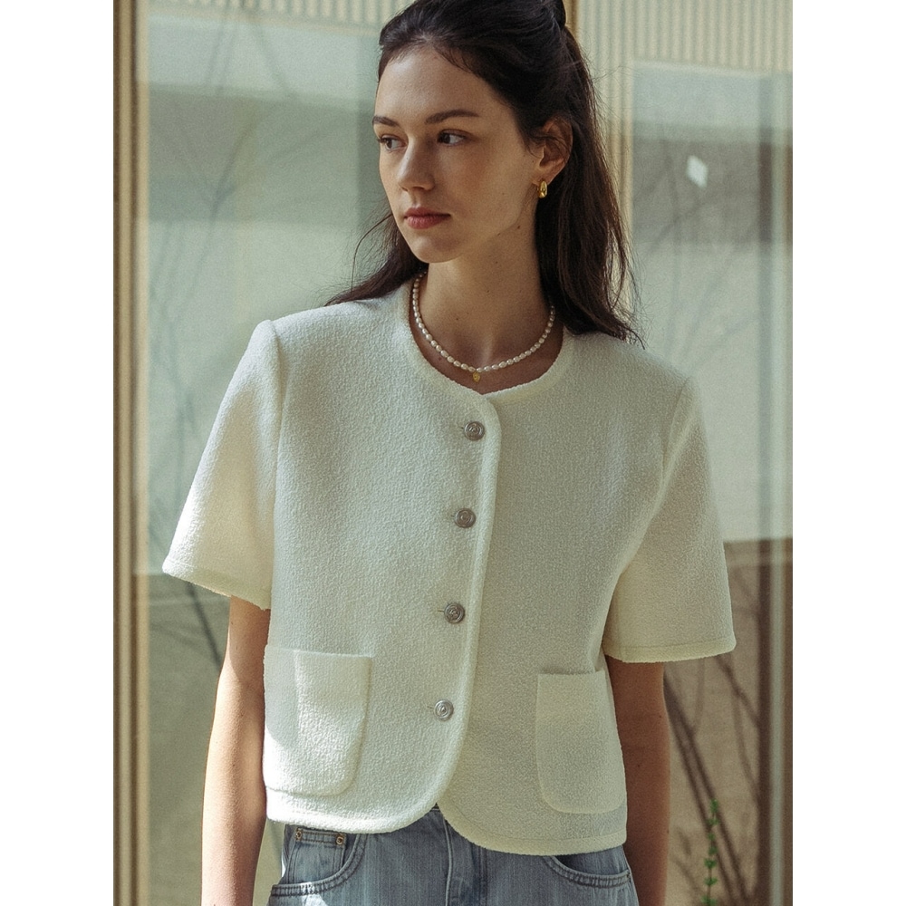 TILLIDIE ヘイパーラインツイードジャケット アイボリー