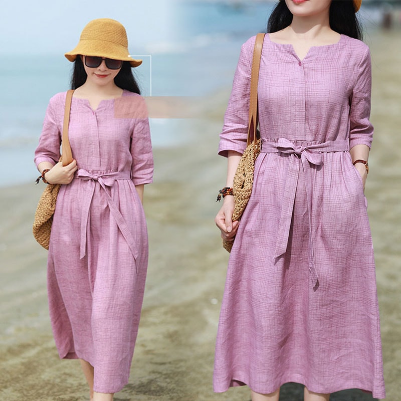 リネンワンピース　ゆったり7分袖　レディース 体型カバー着痩せ　母の日 プレゼント 新作　お洒落 キレイめ 　夏用　涼しい20代30代40代