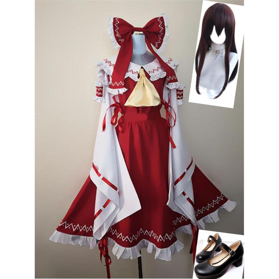 東方Project 風 博麗 霊夢 コスプレ衣装 ウィッグ 靴コスチューム cosplay イベント 演出服 アニメ変装 仮装 ハロウィン
