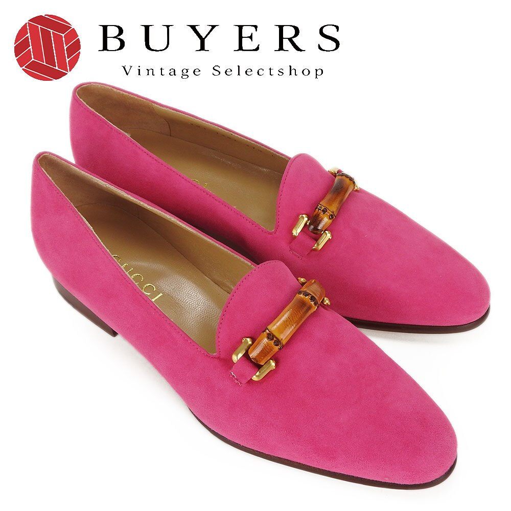 中古 グッチ ローファー バンブー スエード ローヒール パンプス 37 1/2 日本サイズ24.5cm レザー 革 ピンク ゴールド 金具 レディース 女性 靴 1011387 GUCCI Loa