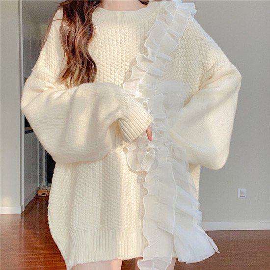 セーター レディース 春 トップス ニット プルオーバー フリル 大きいフリル ラウンドネック 長袖 ワンサイズ オフホワイト 春服 かわいい 大人可愛い 編み込み 編み込みニット 体型カバー ルーズ