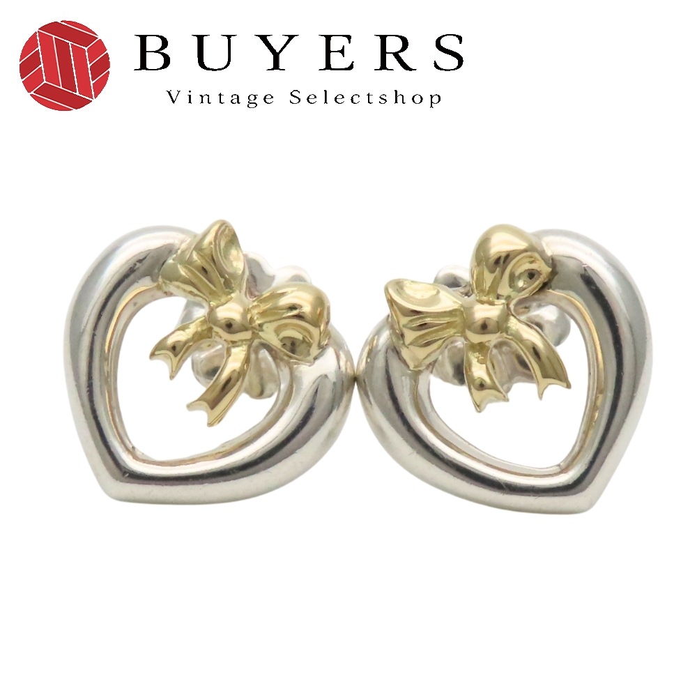 中古 ピアス ハートリボン オープン シルバー925 K18YG 約3.0g シルバー ゴールド コンビ シンプル アクセサリー レディース 女性